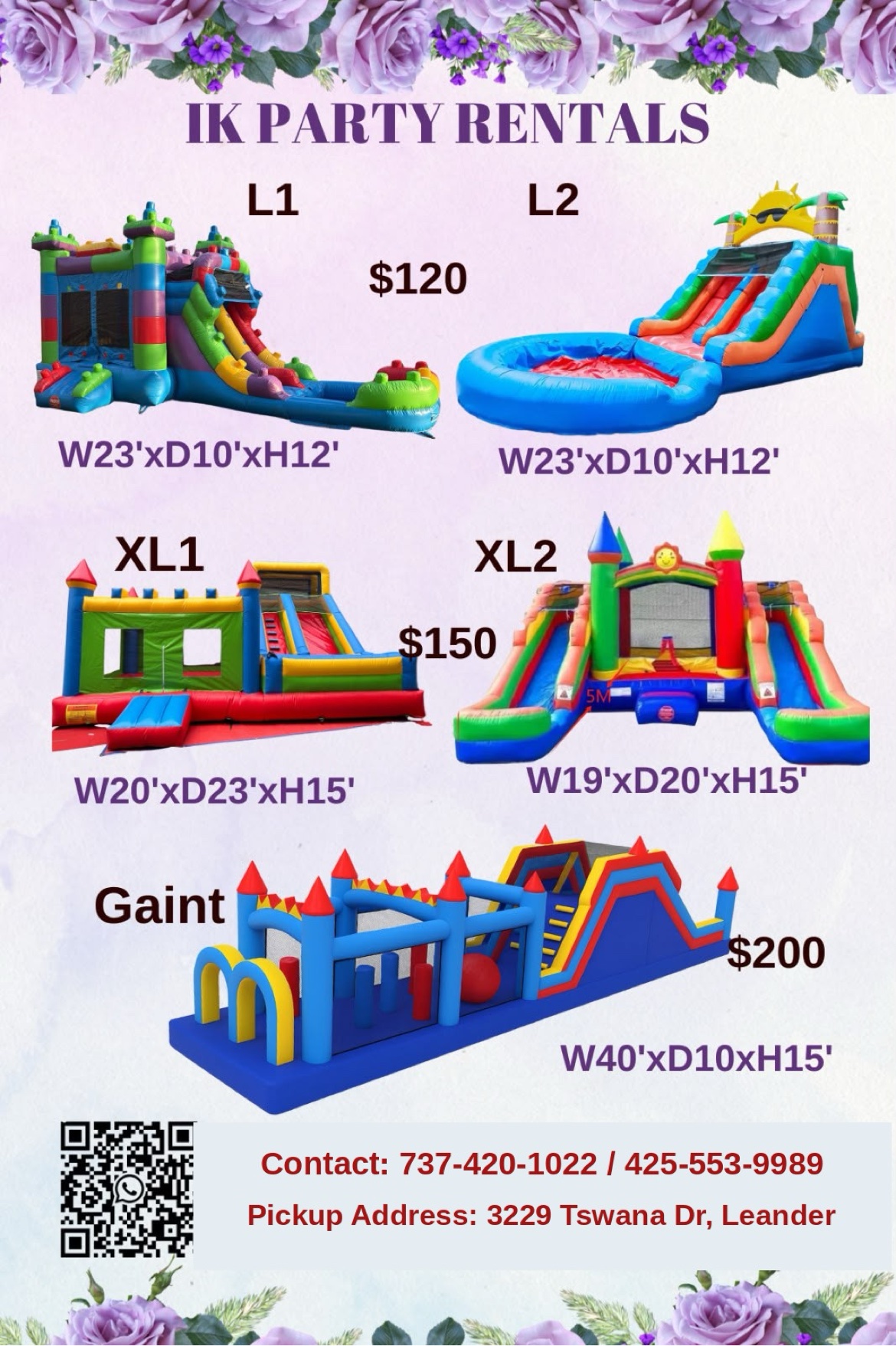 Large, extra-large and giant IK Party Rentals inflatables with item codes and dimensions